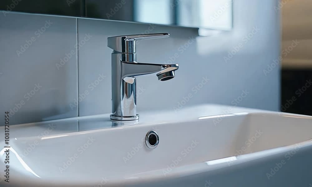 Closeup of white wash basin with metal tap, mirror above it Closeup of white wash basin with metal tap, mirror above it