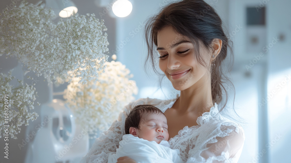 Indian woman holding her newborn baby in hospital smiling with joy to child Indian woman holding her newborn baby in hospital smiling with joy to child