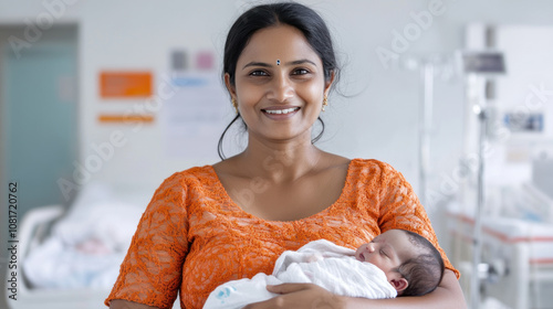Indian woman holding her newborn baby in hospital smiling with joy to child