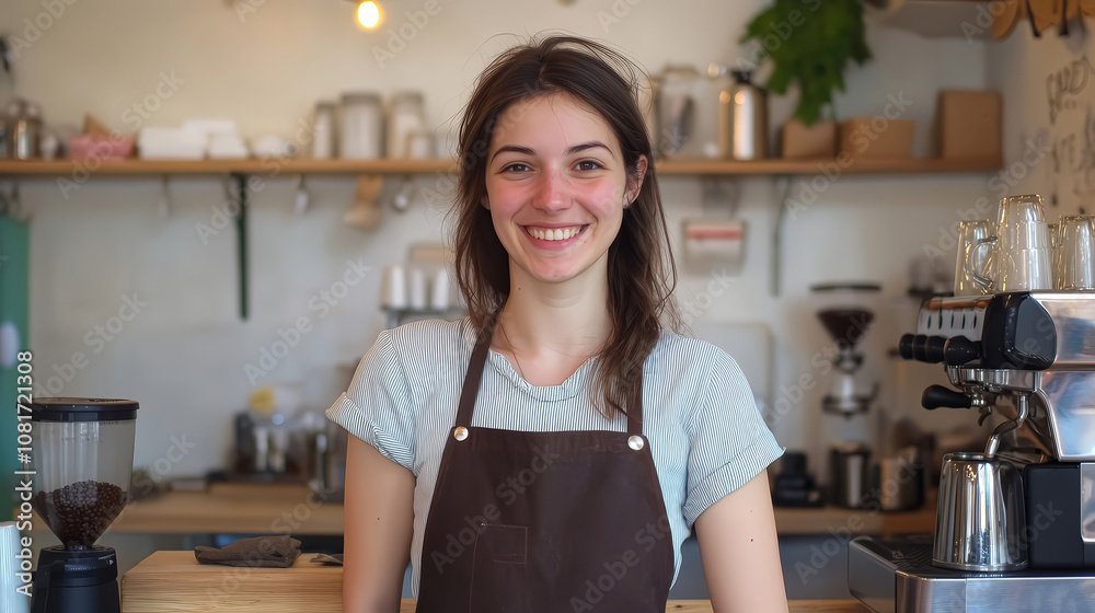 Smiling female barista in apron standing near the bar counter Smiling female barista in apron standing near the bar counter