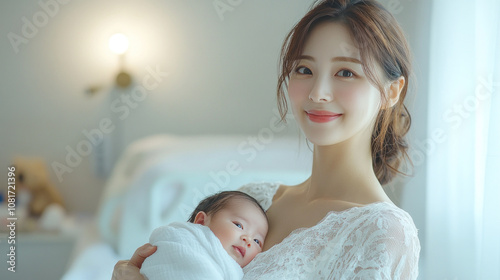 Korean woman holding her newborn baby in hospital smiling with joy to child