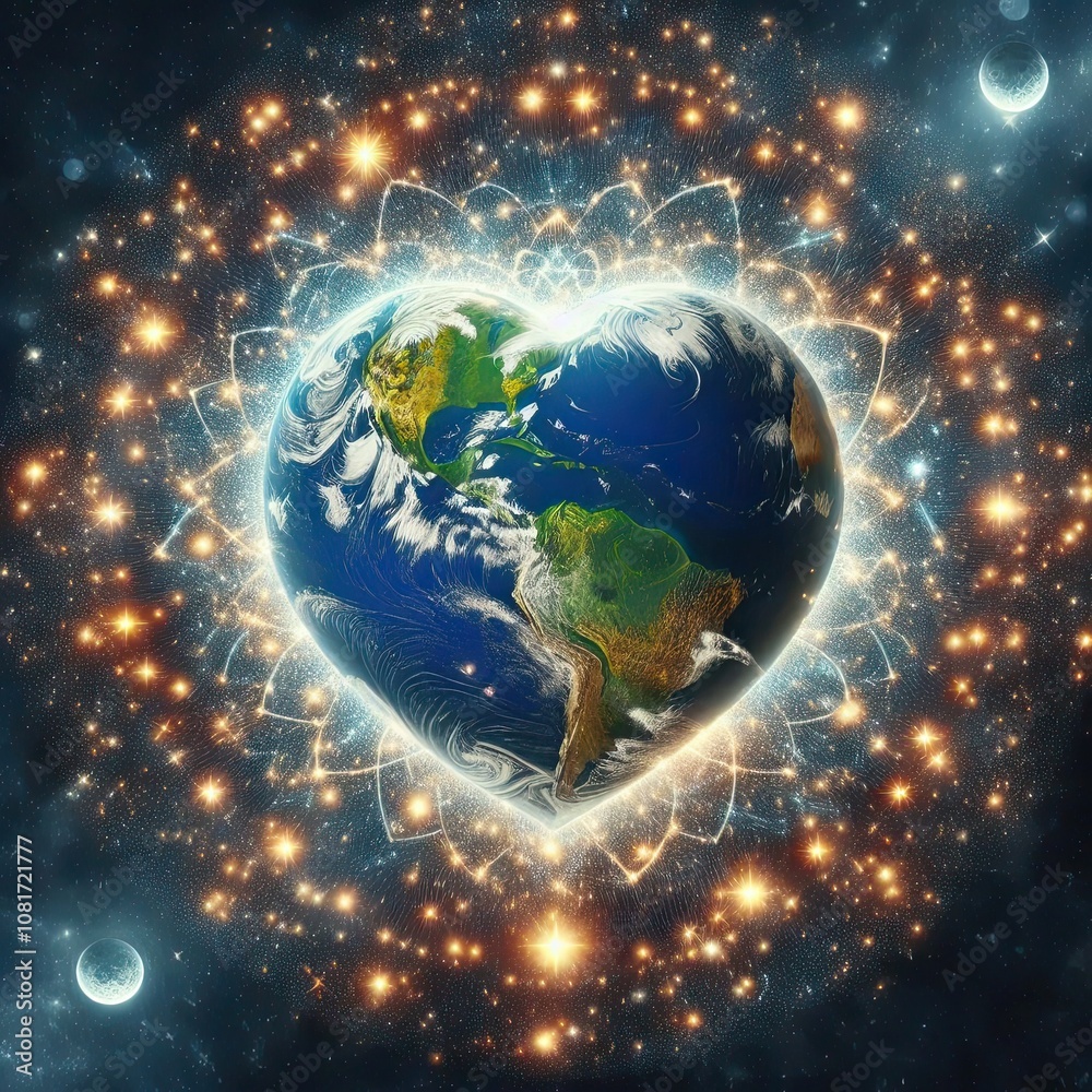 A cosmic heart made of stars surrounding the Earth, radiating peace A cosmic heart made of stars surrounding the Earth, radiating peace
