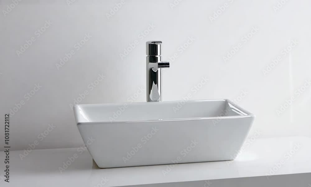Modern white wash basin with metal tap mirror above it, closeup Modern white wash basin with metal tap mirror above it, closeup
