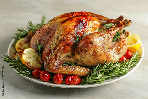 Delicious roasted turkey with lemons, tomatoes and garlic in a white plate