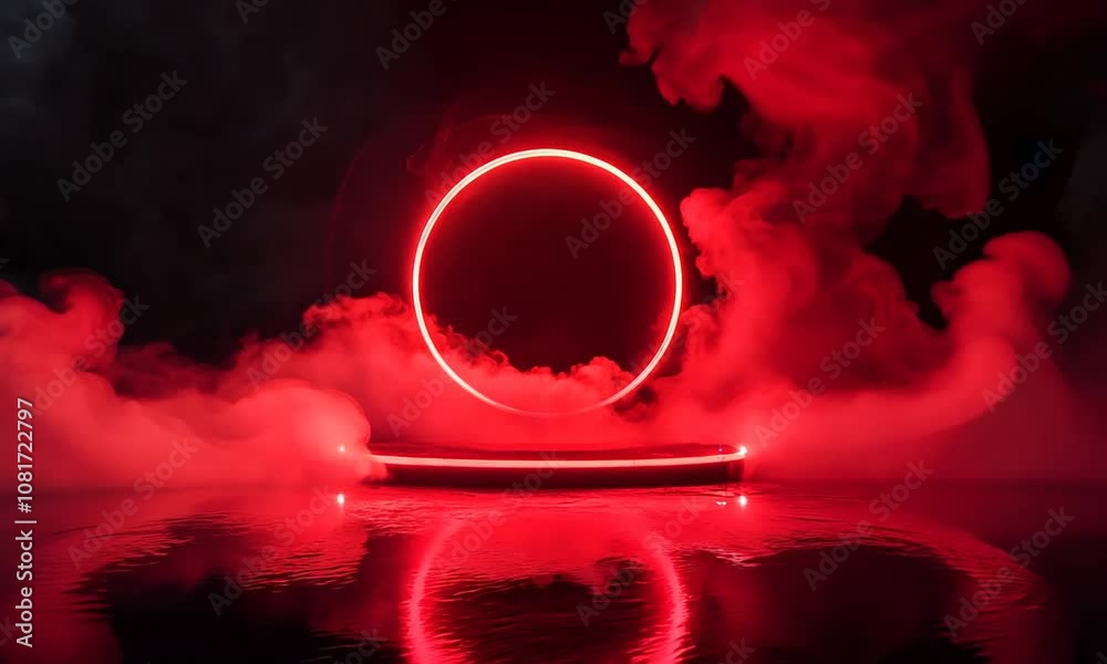 Black podium with red colored ring surrounded by smoke on a dark background