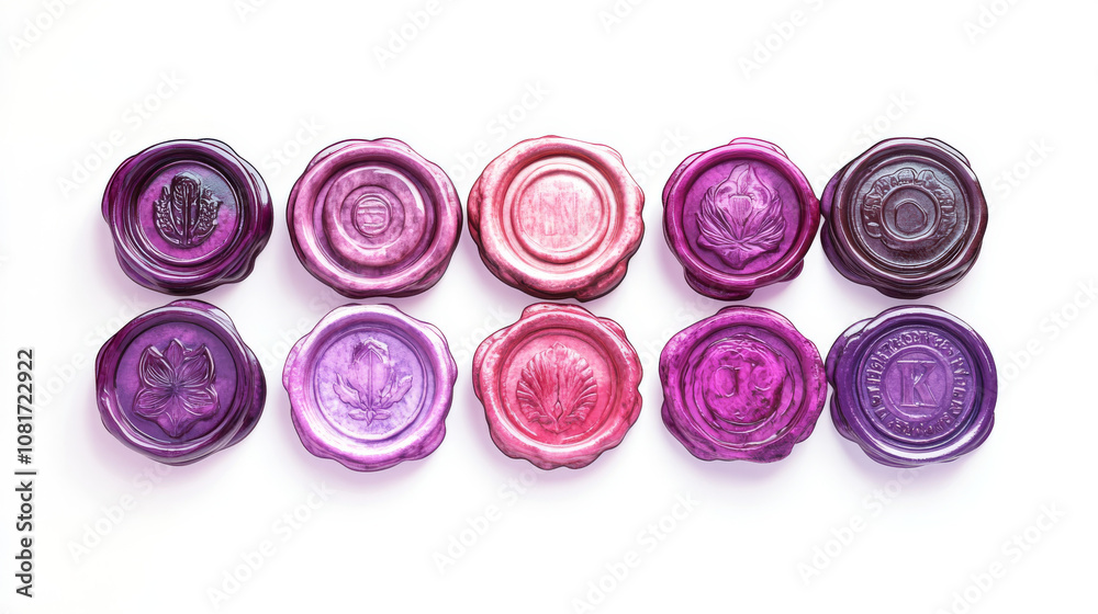 This set includes two designs of wax seal stamps. The stamps are magenta, purple, and pink and come in many different styles. You can use these designs to create your own artwork or graphics. This set includes two designs of wax seal stamps. The stamps are magenta, purple, and pink and come in many different styles. You can use these designs to create your own artwork or graphics.