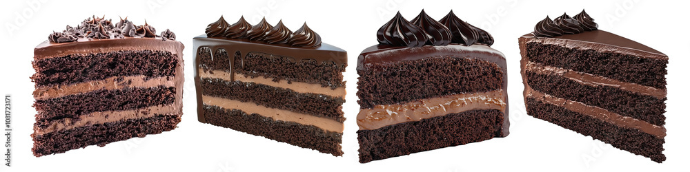 Chocolate cake slice with multiple layers isolated on transparent background, set of Chocolate cake slice with multiple layers isolated on transparent background, set of