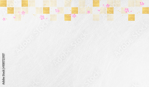 桜と金色のラインとテクスチャーのあるシルバーの背景（アブストラクト）