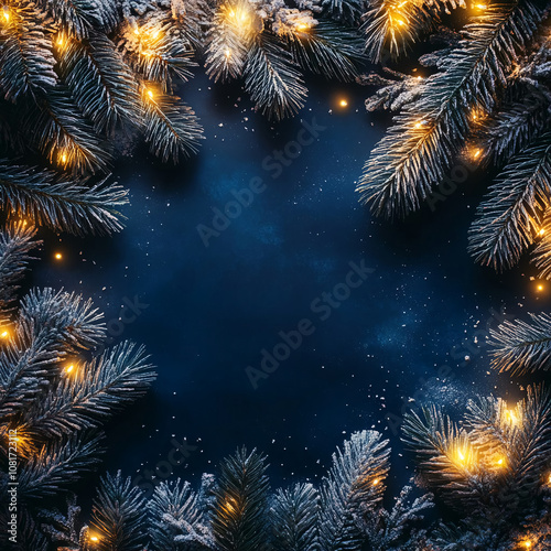 Frosted Pine Branches with Warm Lights on Dark Winter Background