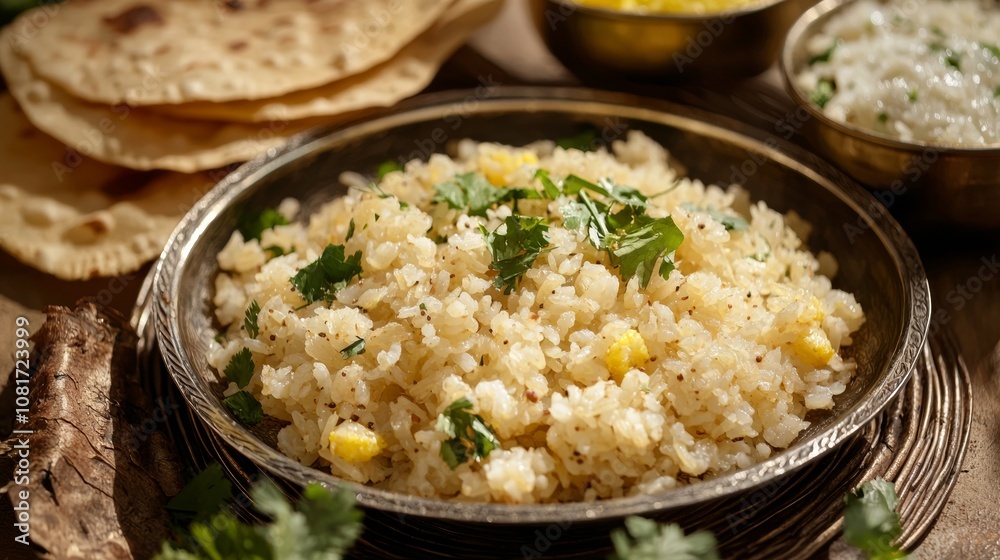 Delicious plate of seasoned rice with herbs served alongside traditional Indian flatbreads and condiments in a rustic setting Delicious plate of seasoned rice with herbs served alongside traditional Indian flatbreads and condiments in a rustic setting