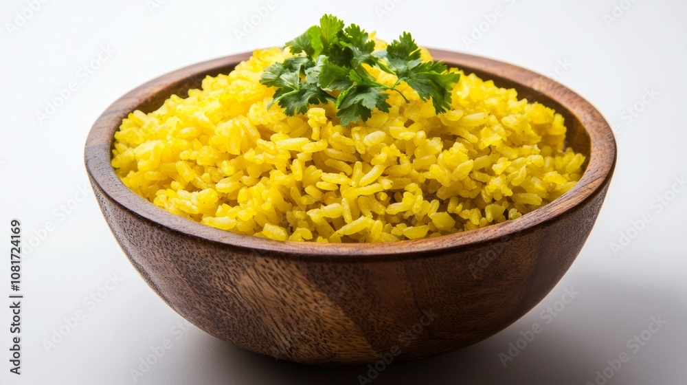 Delicious yellow rice served in a wooden bowl garnished with fresh cilantro, perfect for any meal or gathering Delicious yellow rice served in a wooden bowl garnished with fresh cilantro, perfect for any meal or gathering