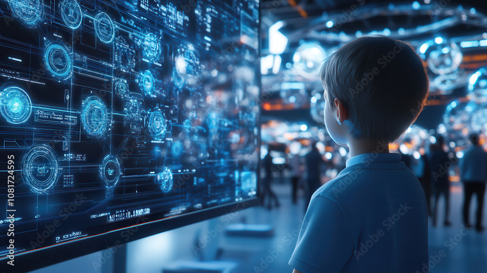 child observes futuristic digital display in technology exhibition, surrounded by holographic elements and bustling crowd. scene captures curiosity and wonder child observes futuristic digital display in technology exhibition, surrounded by holographic elements and bustling crowd. scene captures curiosity and wonder
