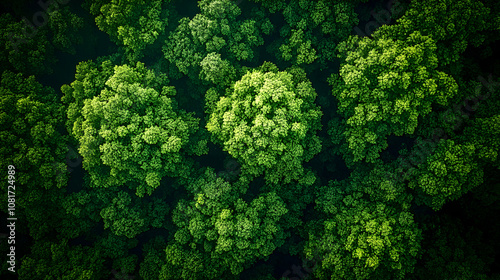 Aerial View of Lush Green Forest Canopy, Dense Foliage Showing Abundant Treetops from Above, Natural Vivid Green Ecosystem