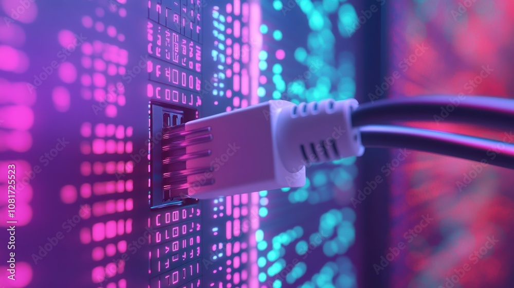 A close-up of a network cable connecting to a port, illuminated with colorful lights.