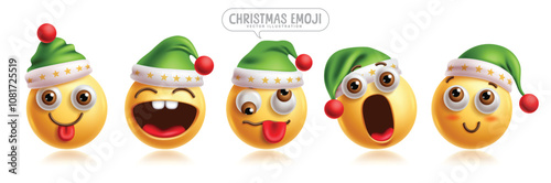 Santa claus emoji characters set. Christmas santa emojis clip art character in happy, funny, crazy, goofy, shock, blush, shy and cute smiling facial expression in green hat collection. Vector 