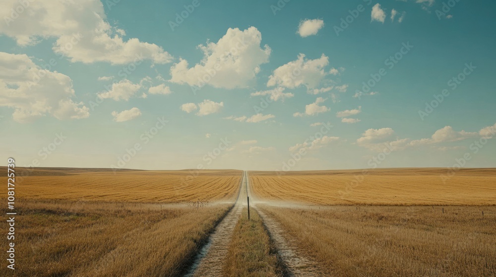 A serene landscape featuring a long road stretching through golden fields under a blue sky. A serene landscape featuring a long road stretching through golden fields under a blue sky.