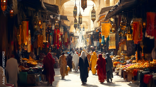 Vibrant Oil Painting of a Bustling Middle Eastern Market, People Dressed in Traditional Garb Stroll Through Sunlit Alleyways