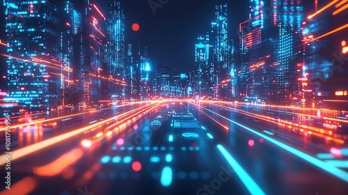 Focus Optimization Planning, Futuristic Metropolis Illuminated by Neon Lights and High-Speed Traffic Flow