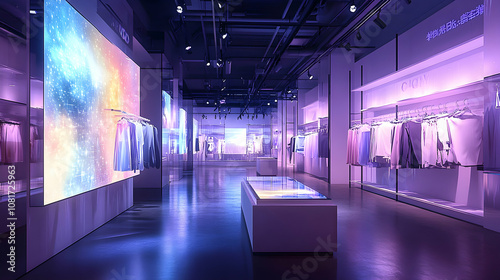 Abstract Background: Purple-lit Retail Space with Clothing Displays and Cosmic Wall