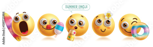 Summer emoji characters vector set. Emoji 3d clip art character in surfing, eating  popsicle, drinking and swimming beach traveler graphic elements. Vector illustration summer emoticons collection. 
