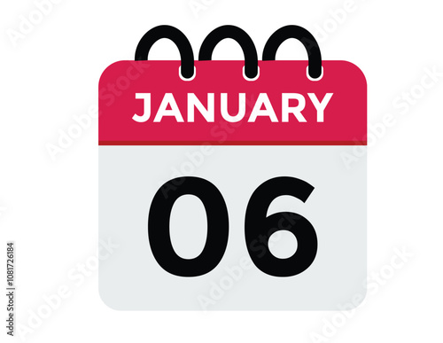January 6 Calendar Day or Calender Date for Deadlines or Appointment. calendar date icon on white background.
