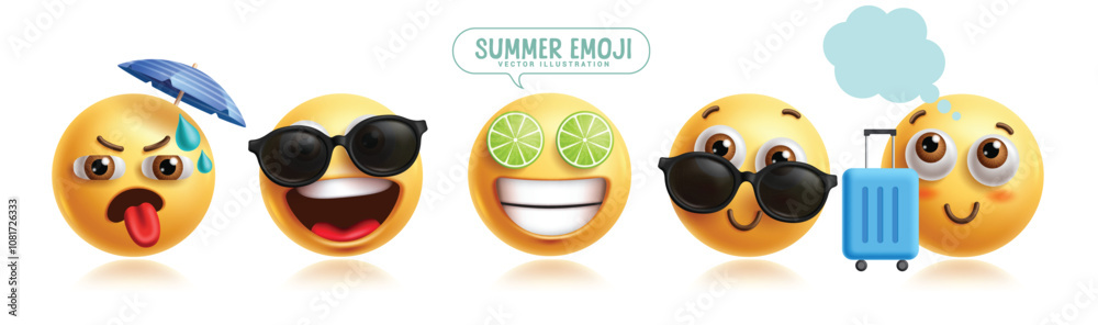Emoji summer characters vector set. Summer emojis clip art character with umbrella, sunglasses, lime, luggage, happy, smiling and enjoy 3d graphic elements. Vector illustration tropical season 