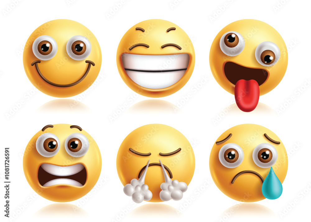 Silly face emoji vector characters set. Emoji naughty clip art character with happy, smiling, shock, surprise, angry and crying facial expression yellow round collection. Vector illustration silly 