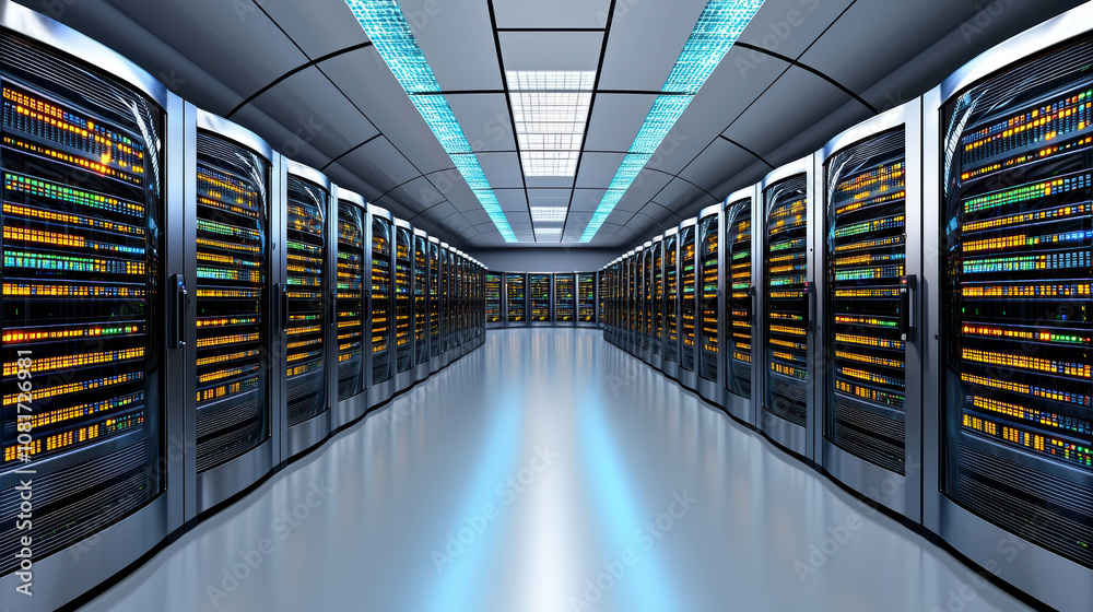 Fototapeta premium High tech data center with rows of servers and bright LED lights. modern design showcases advanced technology and cybersecurity features, creating secure environment