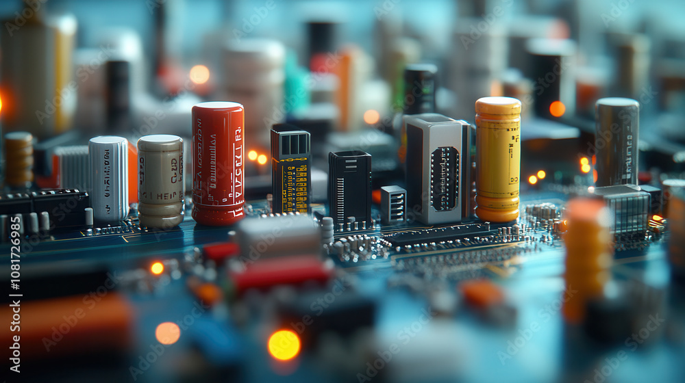 macro shot of circuit board with various electronic components, showcasing intricate details and vibrant colors, creating sense of technology and innovation macro shot of circuit board with various electronic components, showcasing intricate details and vibrant colors, creating sense of technology and innovation