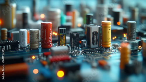 macro shot of circuit board with various electronic components, showcasing intricate details and vibrant colors, creating sense of technology and innovation