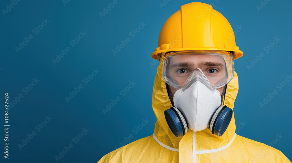 Worker in protective gear and mask, ensuring safety in hazardous environments Worker in protective gear and mask, ensuring safety in hazardous environments