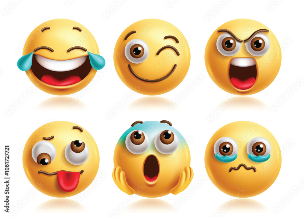 Laughing emoji vector characters set. Emojis 3d icon clip art character collection in winking, happy, shouting, naughty, scream and pleading facial expression. Vector illustration laughing graphic Laughing emoji vector characters set. Emojis 3d icon clip art character collection in winking, happy, shouting, naughty, scream and pleading facial expression. Vector illustration laughing graphic