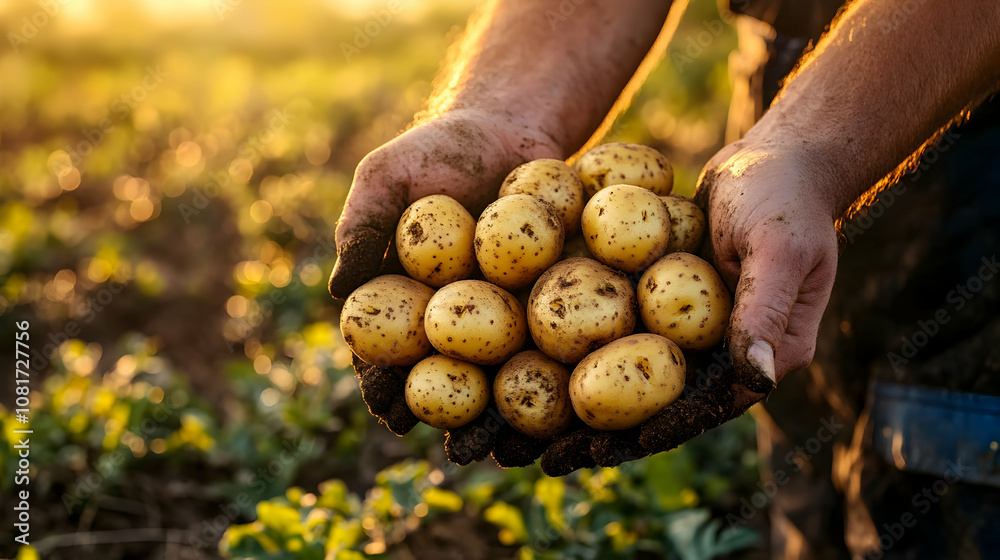 Farmer's Hands Holding Freshly Harvested Potatoes in a Field at Sunset Farmer's Hands Holding Freshly Harvested Potatoes in a Field at Sunset