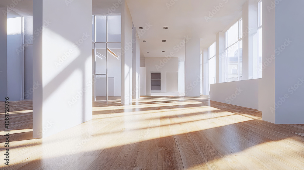 A modern, empty room with white walls and a sunbeam shining on the oak floor. It's a perfect space to show off products in a stylish way. A modern, empty room with white walls and a sunbeam shining on the oak floor. It's a perfect space to show off products in a stylish way.