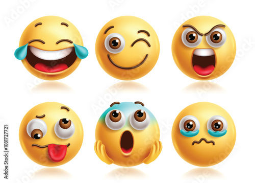 Laughing emoji vector characters set. Emojis 3d icon clip art character collection in winking, happy, shouting, naughty, scream and pleading facial expression. Vector illustration laughing graphic 
