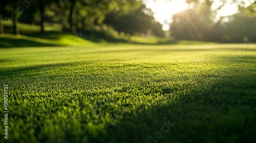 A golf course's fringe with focus on the transition between fairway and green, outdoor setting with soft morning light, Smooth style