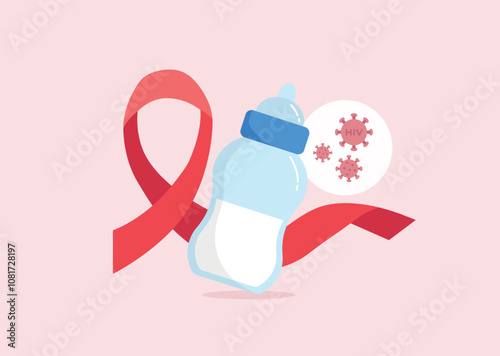 HIV transmission through breast feeding. Bottle of breast milk infected with immunodeficiency virus with red ribbon. AIDS, HIV awareness concept. Vector illustration in flat style.