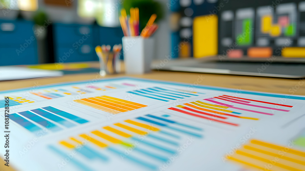Colorful Data Charts on Desk Illustrating Business Analytics in Office Setting Colorful Data Charts on Desk Illustrating Business Analytics in Office Setting