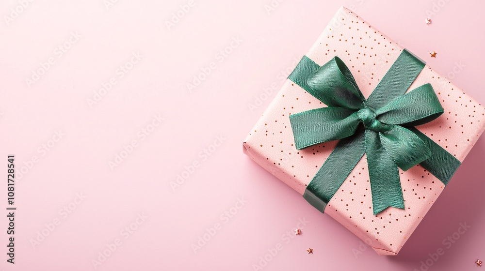 Beautifully wrapped pink gift box with a green ribbon on a soft pink background, perfect for any celebration or occasion