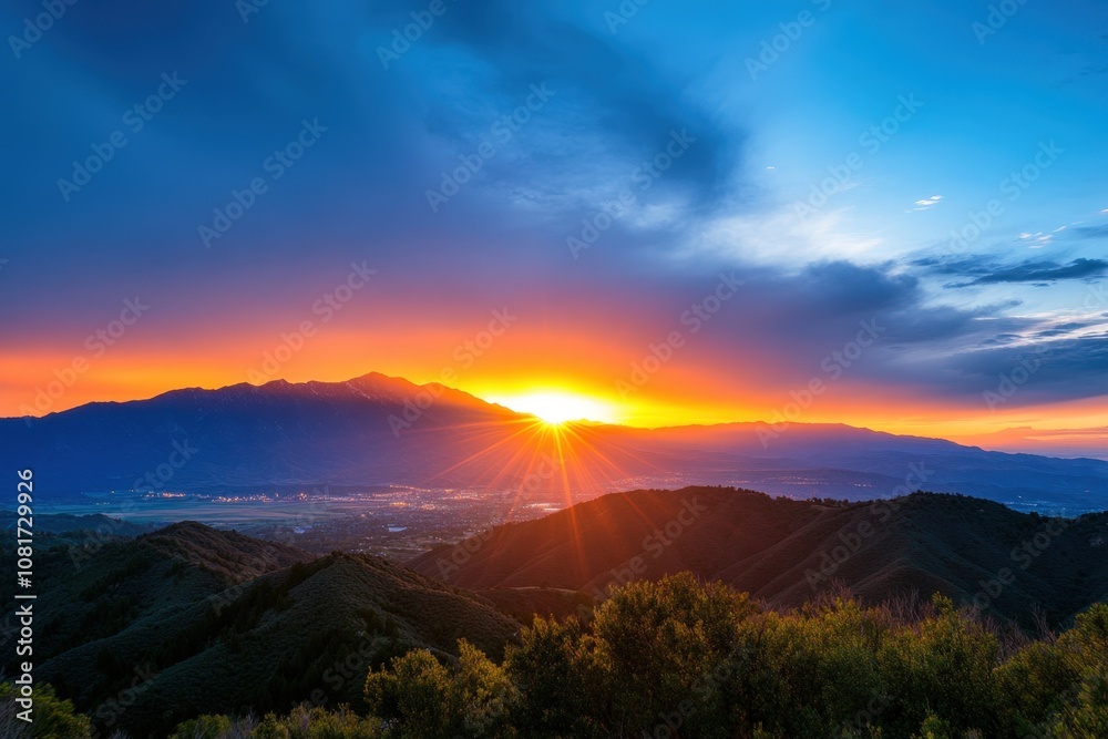 Breathtaking sunset over the mountains with vibrant colors and sunbeams Breathtaking sunset over the mountains with vibrant colors and sunbeams