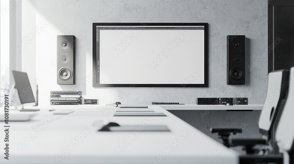 Modern office space with a large screen and audio equipment for presentations. Modern office space with a large screen and audio equipment for presentations.