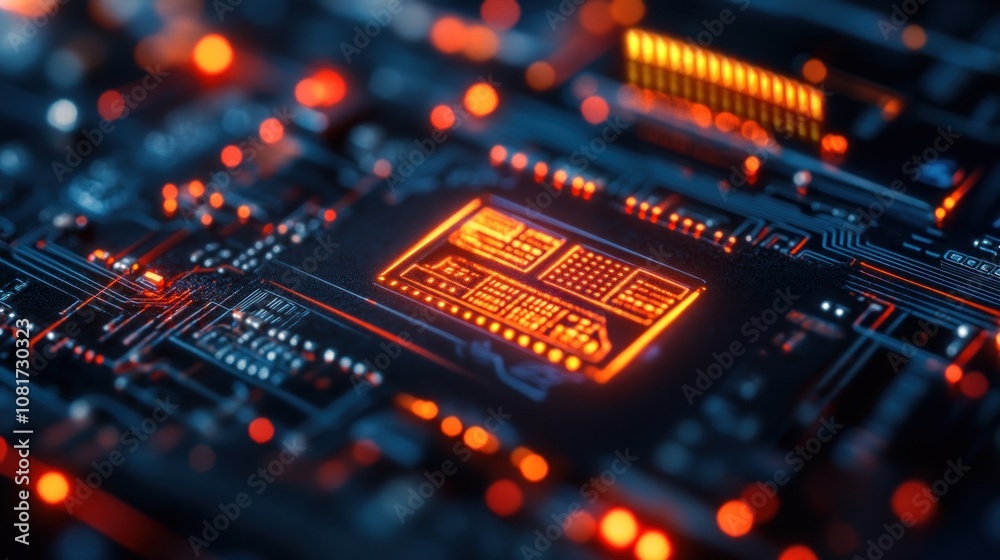 Close-up of a glowing orange CPU chip on a black circuit board with red and orange lights. Close-up of a glowing orange CPU chip on a black circuit board with red and orange lights.