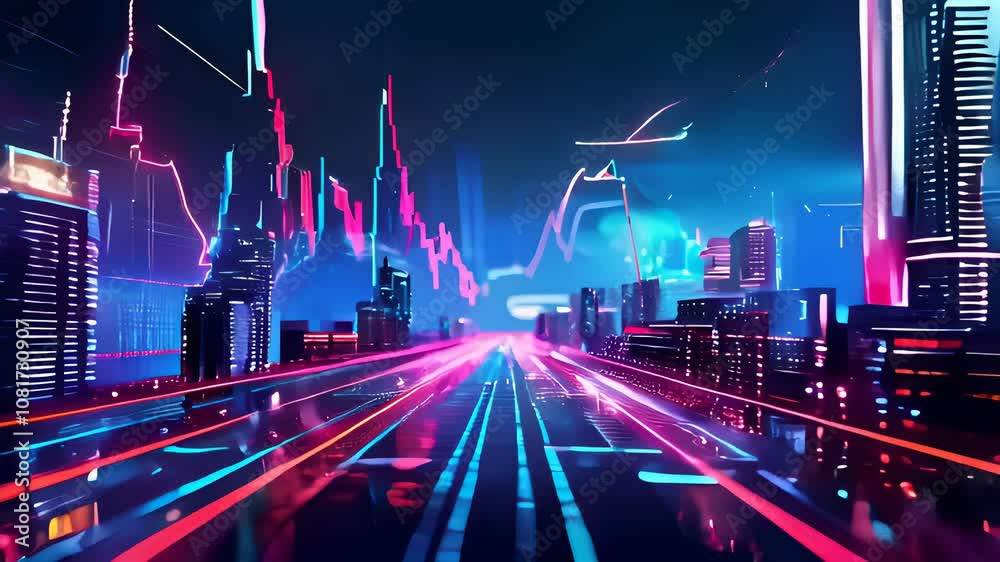 A vibrant and futuristic cyber cityscape featuring neon lights, digital ...
