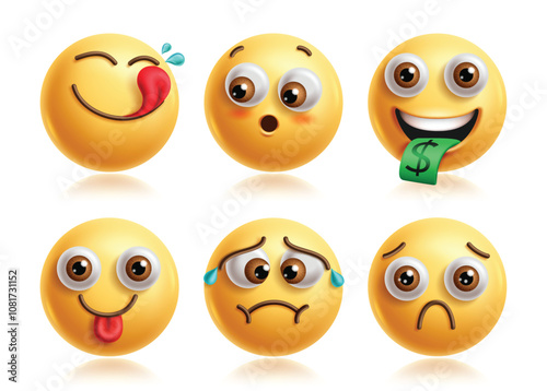 Emoji money mouth characters vector set. Licking emojis 3d clip art character with side eye, shy, silly, naughty, frustrated and sad facial expression. Vector illustration money mouth emoticon 