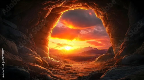 Fiery Sunset Viewed from Cave Opening, Dramatic Landscape, 3D Render, Golden Hour Light