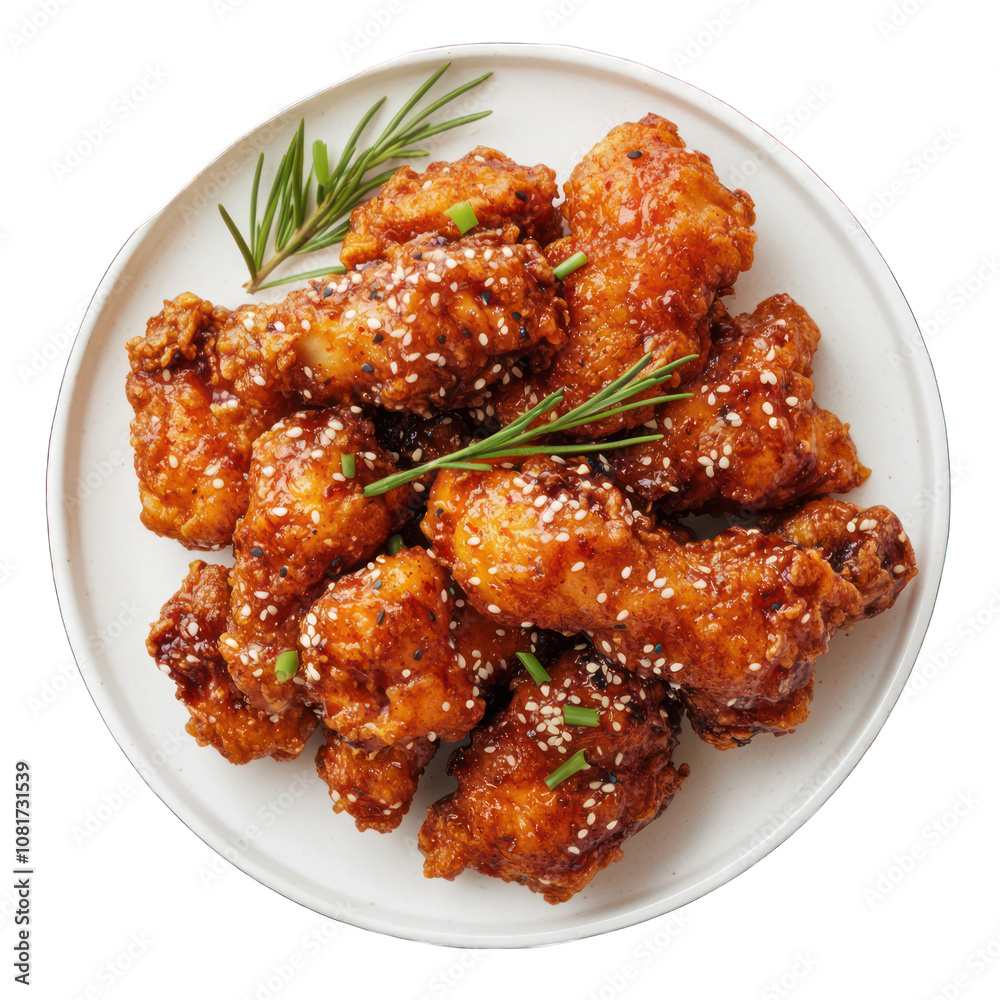 Yangnyeom chicken, Korean fried chicken . On white plate isolated on transparent background Yangnyeom chicken, Korean fried chicken . On white plate isolated on transparent background