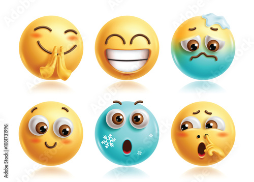 Please emoji characters vector set. Pleading emojis 3d icon clip art character with happy, sad, shy, freezing, surprise and bored facial expression yellow graphic elements. Vector illustration please 