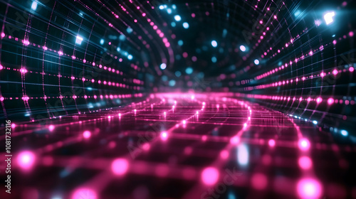 Abstract 3D Digital Tunnel Background with Pink and Cyan Glowing Grid Network, Futuristic Sci-Fi Style Illustration