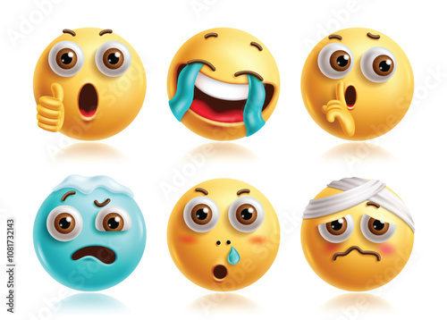 Thumbs up emoji characters vector set. Emojis 3d icon clip art character in approved, crying, happy, quiet, moody, stress and hurt facial expression. Vector illustration thumbs up emoticon collection.