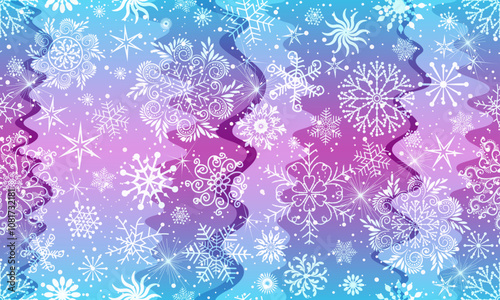 Vector seamless Christmas hand drown pattern with white snowflakes and stars on a colorful wave background